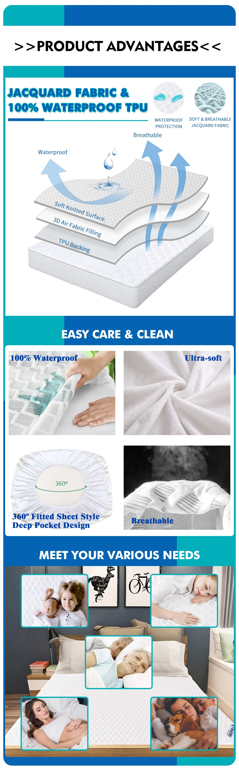 Wholesale Cooling Breathable Waterproof 100% Natural Bamboo Mattress Cover Protector