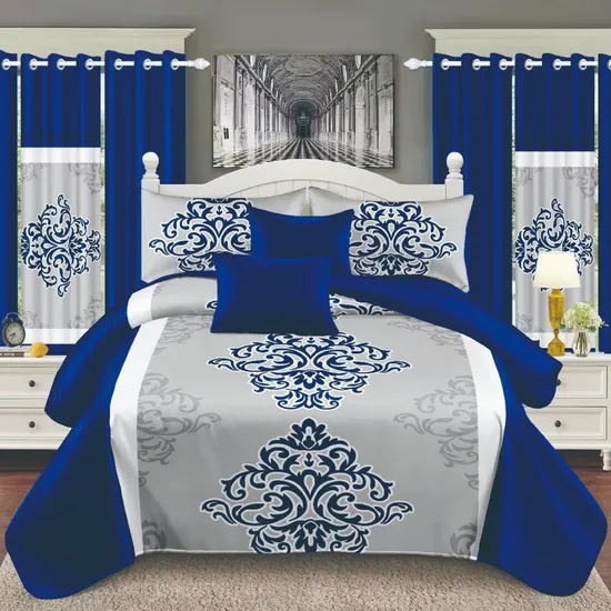 Customizable Blue Duvet Cover Printed Comforter Polyester Bed Linen Pillow Sham Colored Sheets 11 Piece Home Textile Quilted Bedspread Bedding Set with Curtain 